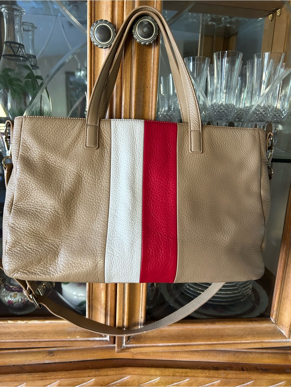 Talbots Beige Leather Shoulder Bag with White and Red Stripe and crossbody strap